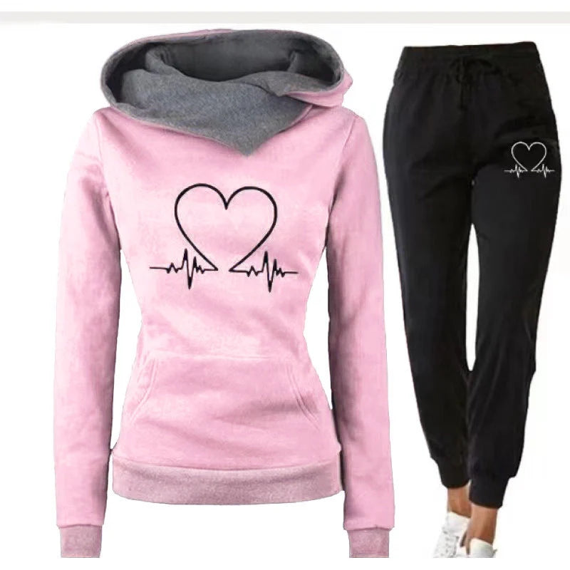 Women's love heart printed sports suit with hooded sweatshirt and drawstring pants