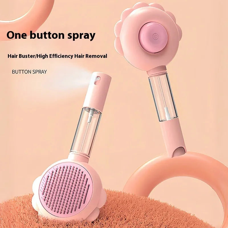 Self-cleaning pet grooming brush comb with spray function in green, white, and pink for cats and dogs