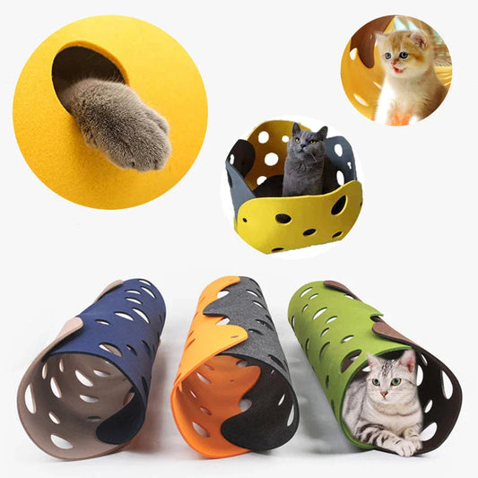 Soft, breathable felt cat tunnel toy with multiple peepholes for interactive play and exploration