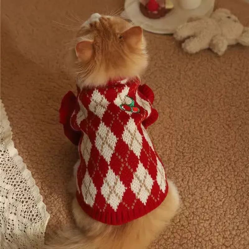 Red cat sweater with rhombic embroidery cherry design for autumn and winter wear