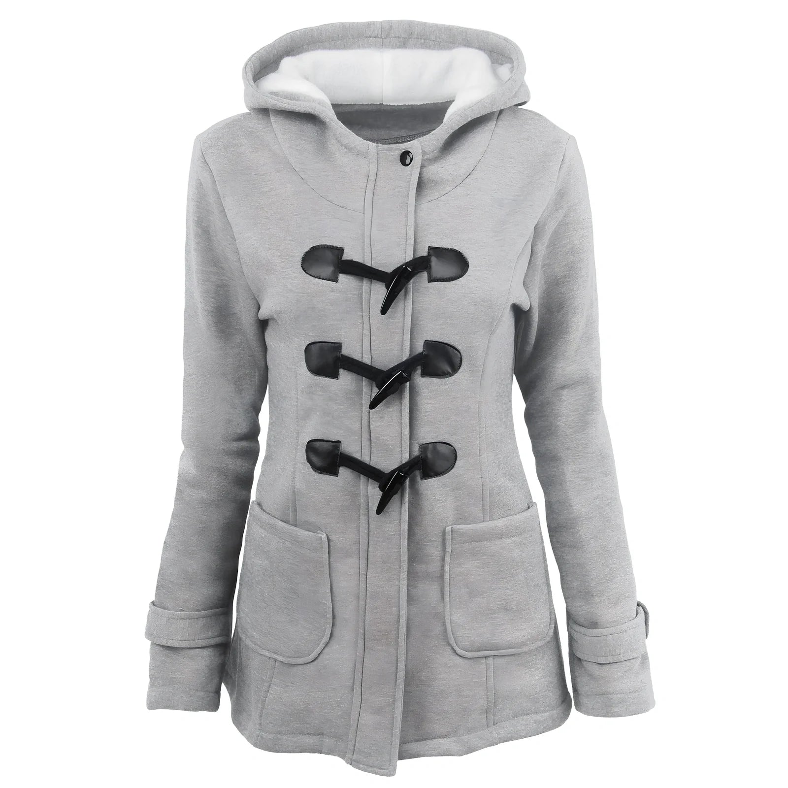 Women's green long down parka with fur collar, horn buttons, and hood - medium 65-80cm length, slim fit for winter