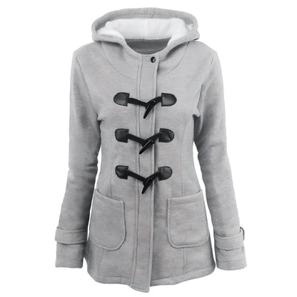 Women's green long down parka with fur collar, horn buttons, and hood - medium 65-80cm length, slim fit for winter