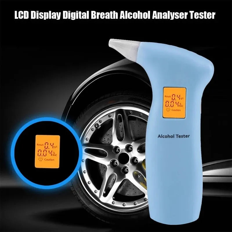 Portable orange light breath alcohol tester with replaceable mouthpieces in black or blue option.