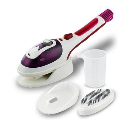 Portable handheld steam iron with multi-directional steam nozzle and compact, lightweight design for efficient fabric refreshing