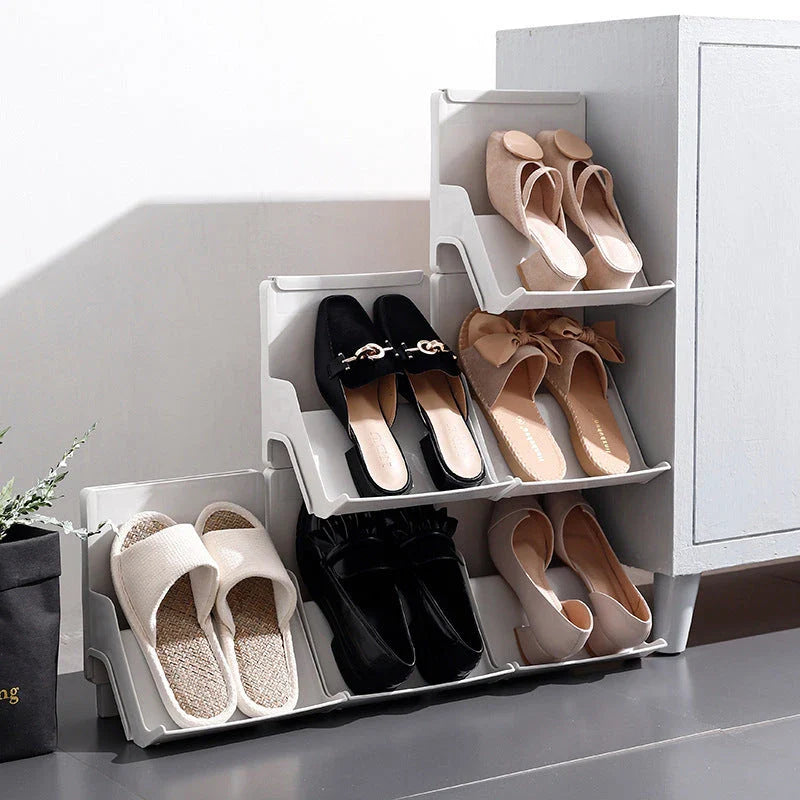 Versatile shoe organizer rack in beige and gray colors, featuring a stackable design to maximize shoe storage space