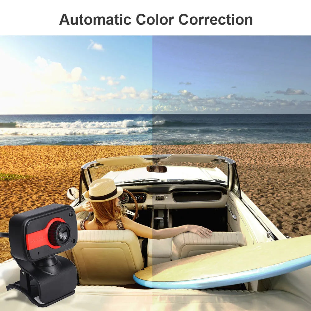 Mini USB webcam with rotating base in blue, red or white colours for PC video calling.