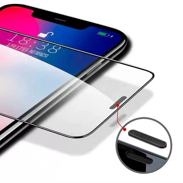 Privacy tempered glass screen protector with dustproof net for iPhone, showing anti-peeping, blue light, and standard variants.