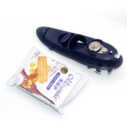 Eight in One Multifunctional Can Opener in black and navy blue, compact and durable