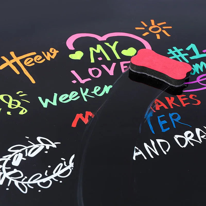 A plastic electronic highlighter with an oblique shape for fluorescent boards, shown with an 8-colour refill pack.