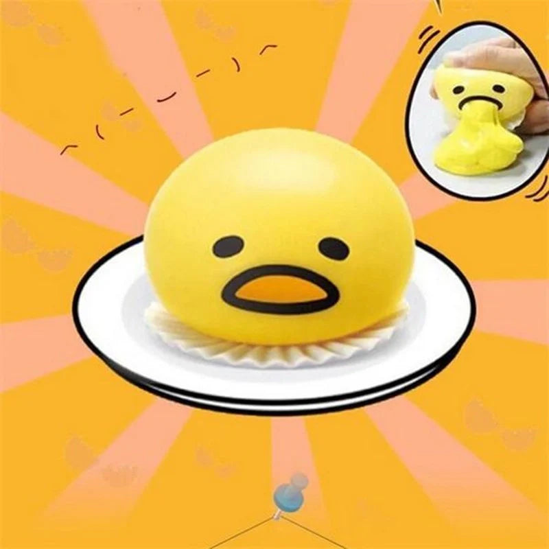 Gudetama Vomiting Egg Toy in green, orange, pink, and yellow