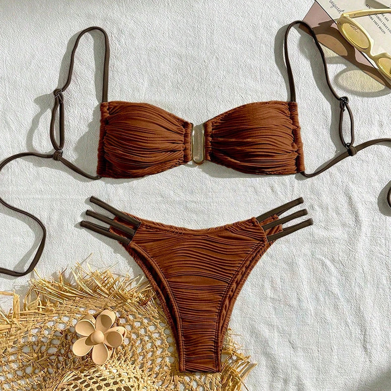 Women's striped polyester swimsuit in khaki, brown, white, black, or green for beach and hot spring activities