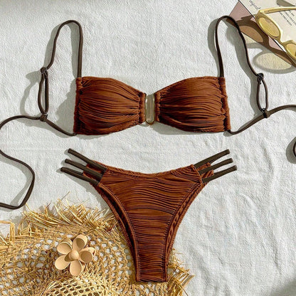 Women's striped polyester swimsuit in khaki, brown, white, black, or green for beach and hot spring activities