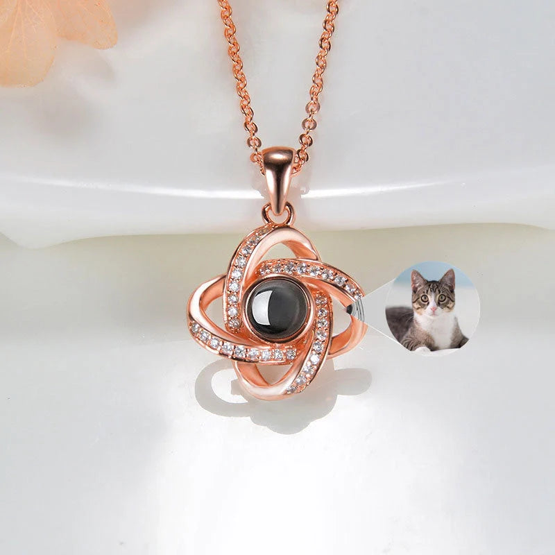 Original Projection Necklace with hidden love words in 100 languages, sterling silver, rose gold finish