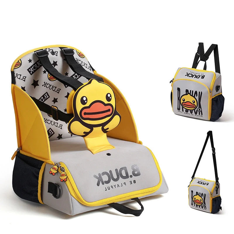 Multifunctional baby bag with portable child dining chair in yellow, animal print design