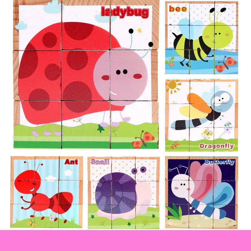 Six-face wooden jigsaw puzzle for children with six unique educational patterns