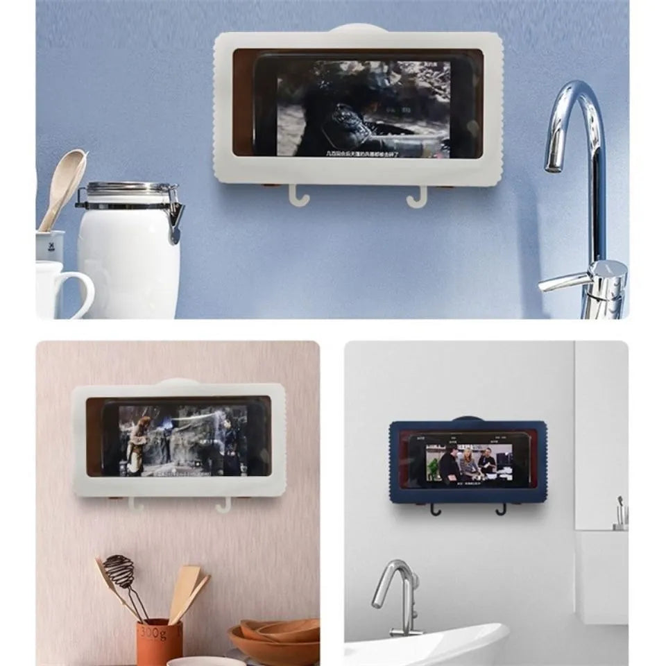 White bathroom waterproof mobile phone box holder with ABS plastic construction and anti-fog design