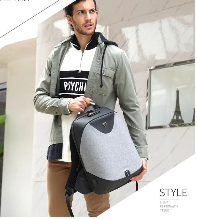 Men's anti-theft cross body shoulder bag for 15.6 inch laptop in black polyester with multiple pockets