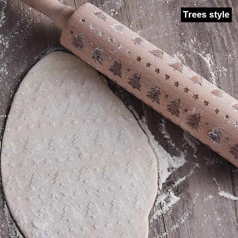 Wooden Christmas embossing rolling pin with non-stick surface for festive baking