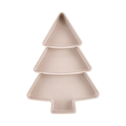 Christmas tree shaped divided fruit platter in pink, grey, blue, and white