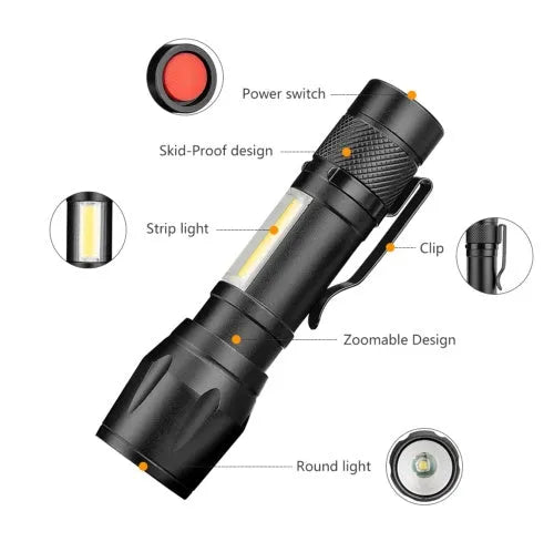 Black aluminium alloy mini telescopic LED flashlight with pocket clip, shown extended and retracted.