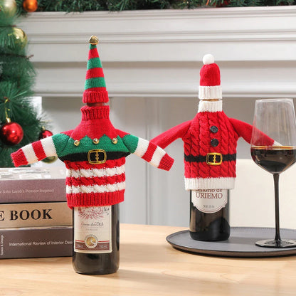 Knit wine bottle covers in red and green stripes and red belt designs for Christmas and winter holidays