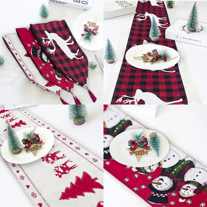 Christmas Elk Snowman Table Runner in festive colors, perfect for holiday decor