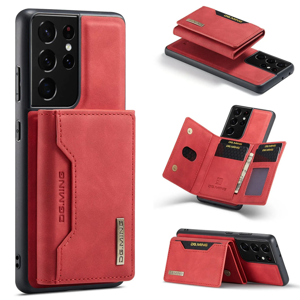 Magnetic card wallet phone case for Samsung in black with PU split leather pattern