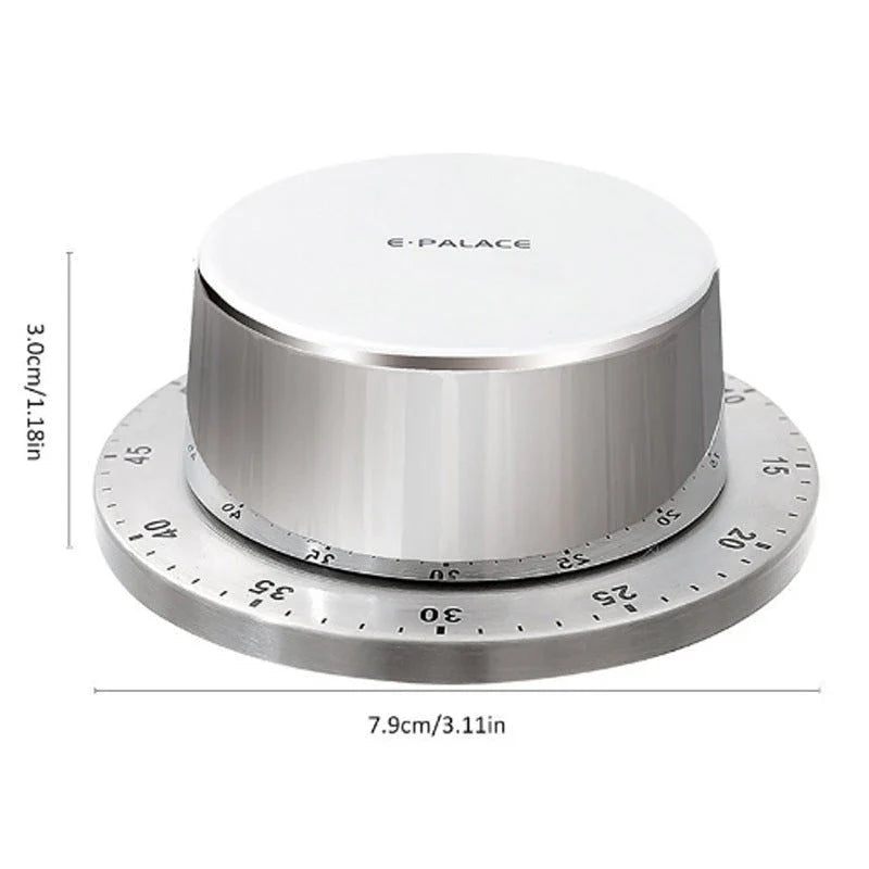 Stainless steel mechanical kitchen timer with magnetic back, no batteries required