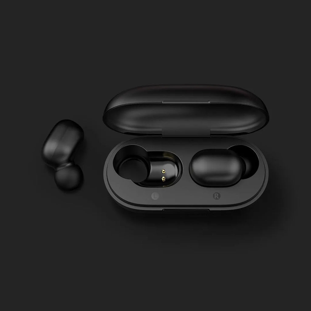 A pair of black true wireless Bluetooth earbuds for stereo sound and hands-free calls.