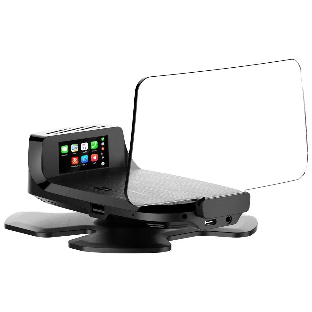 Black HUD head-up display unit for cars with CarPlay and Android Auto projection via OBD connection