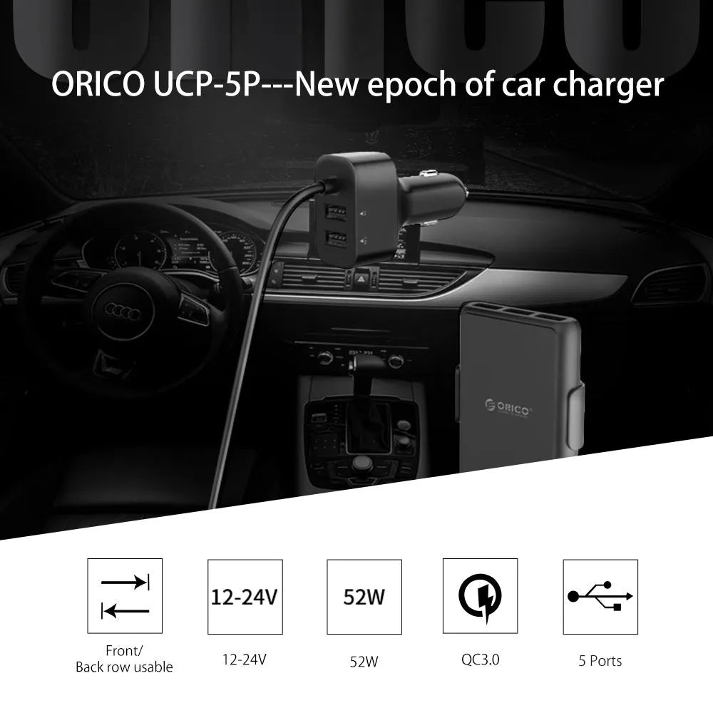 ORICO 5-port QC3.0 car charger with expander, black, 52W output, 1.8m cable