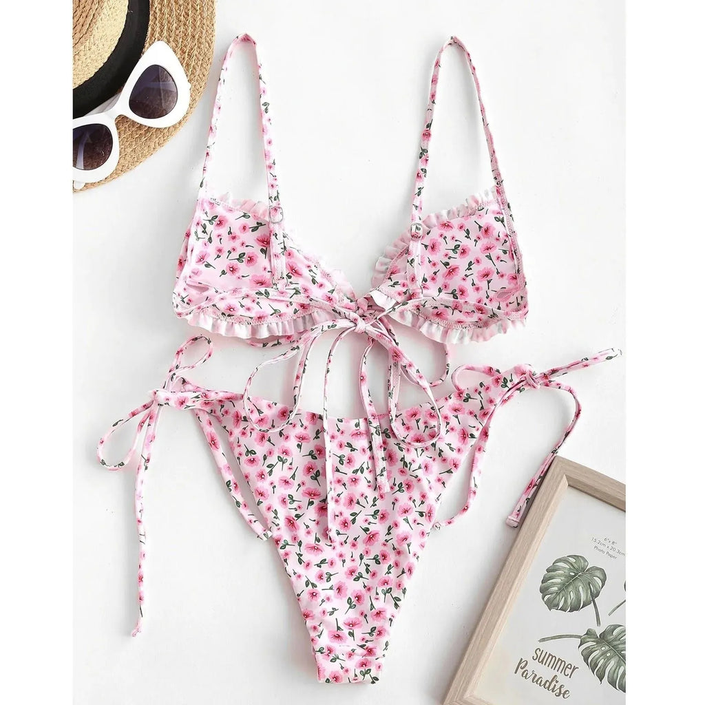Women's printed multi-rope banded bikini swimsuit with short sleeves and lapel collar
