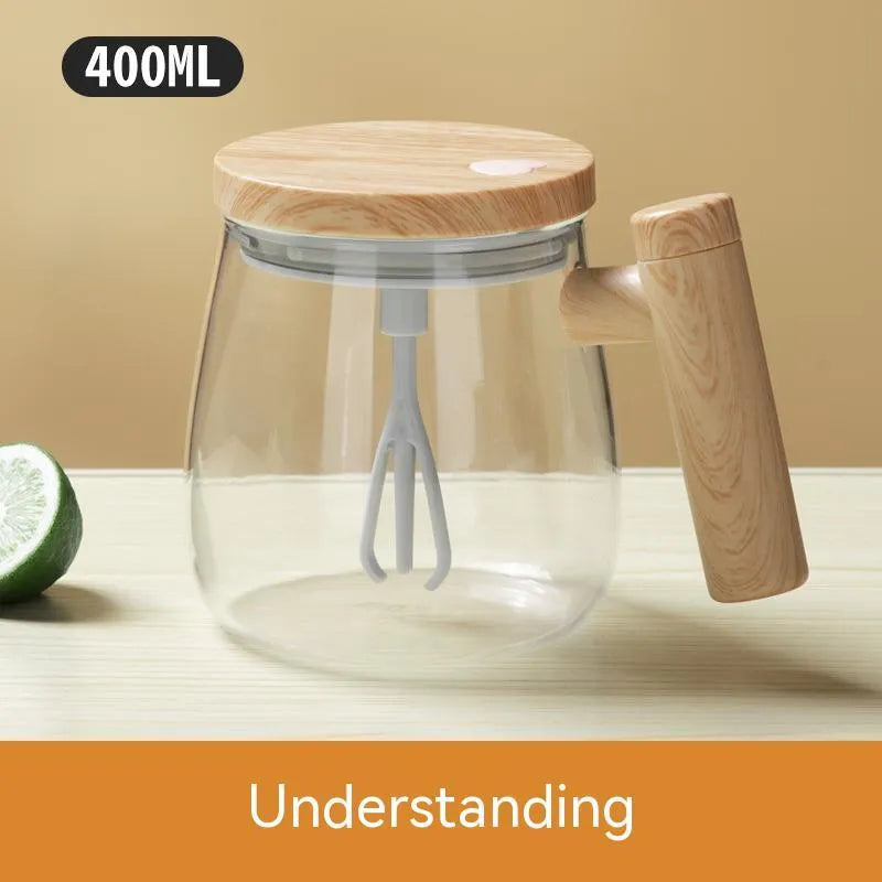 400ml automatic self-stirring coffee mug in borosilicate glass with electric mixing button.