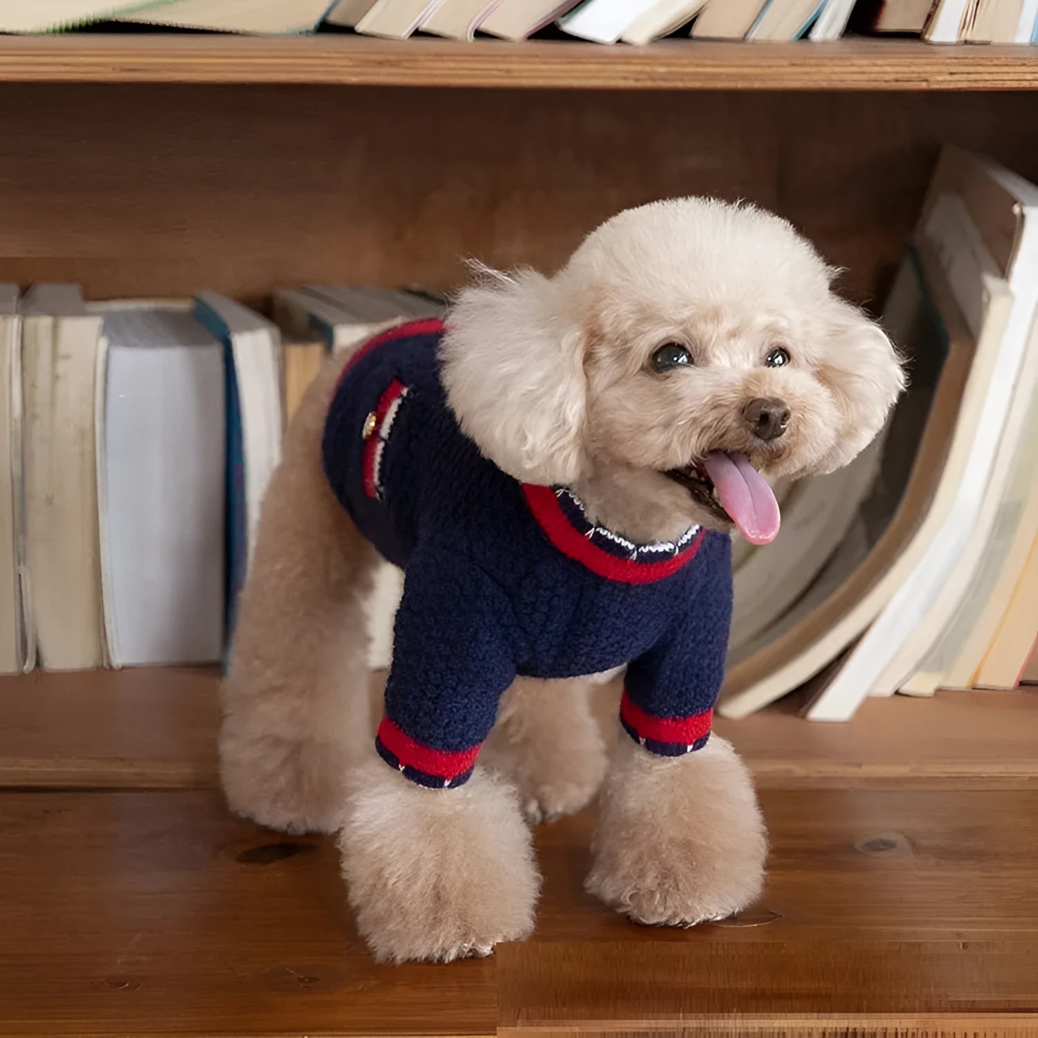 Blue wool pet cardigan with princess collar design shown on a dog model
