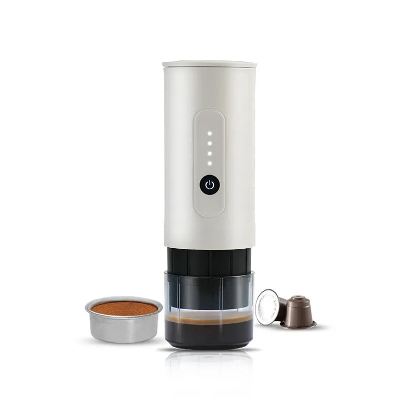 Portable stainless steel coffee machine with car charger, clear spoon, and storage bag in Jungle Green colour.