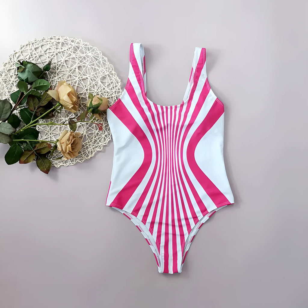 Pink striped digital print women's one-piece swimsuit shown from front and back.