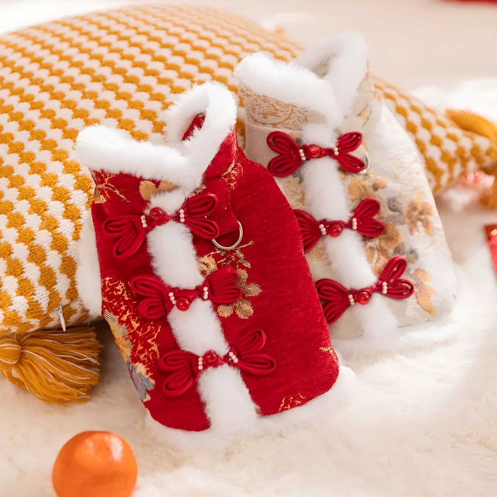 Small dog wearing red and gold brocade Tang suit with frog knot and white fluffy trim for Lunar New Year