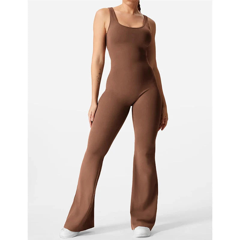 Slim fit hip raise jumpsuit in black and brown for yoga and exercise with backless design