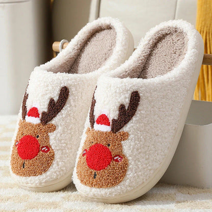 Cozy festive elk-themed slippers in red and green colors, featuring plush, soft materials for comfortable indoor wear