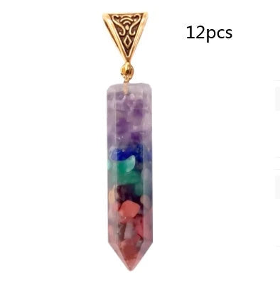 Seven chakra natural crushed stone hexagon column necklace with aura pendant in gold color