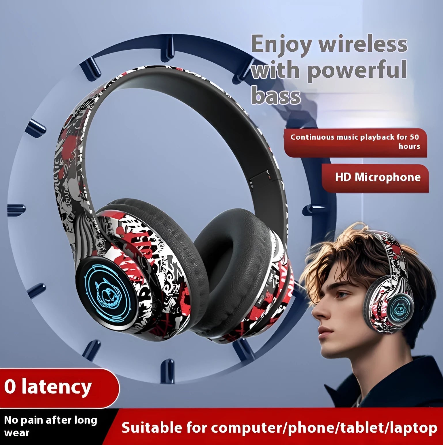 Bluetooth headset folding card design in graffiti black with breathing light, PC ABS material, for gaming and music