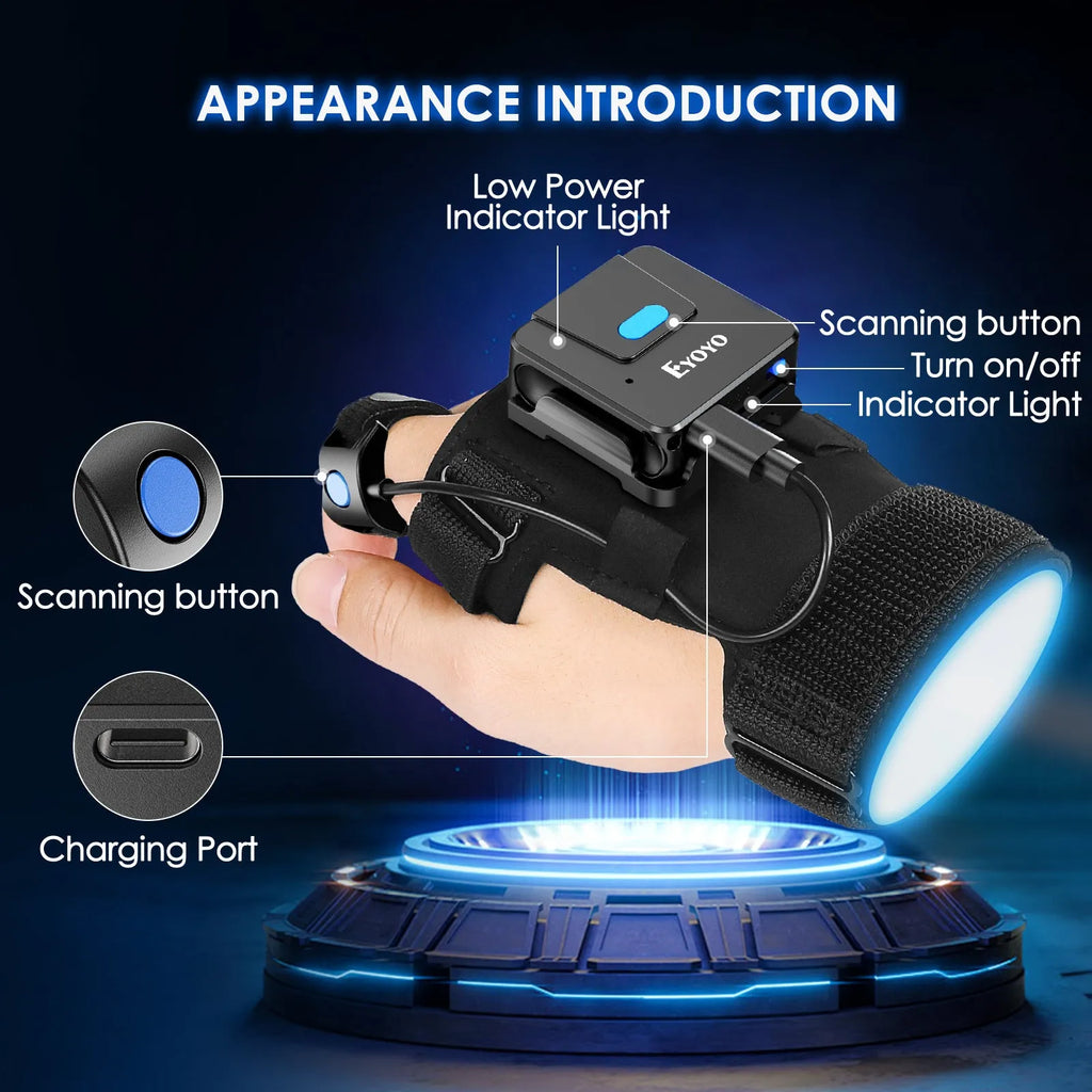 Portable wrist-worn barcode scanner glove with integrated handheld gun and Bluetooth wireless unit.