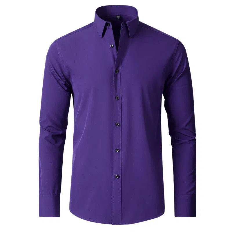 Men's solid colour slim fit polyester long sleeve business shirt in white and blue on a model