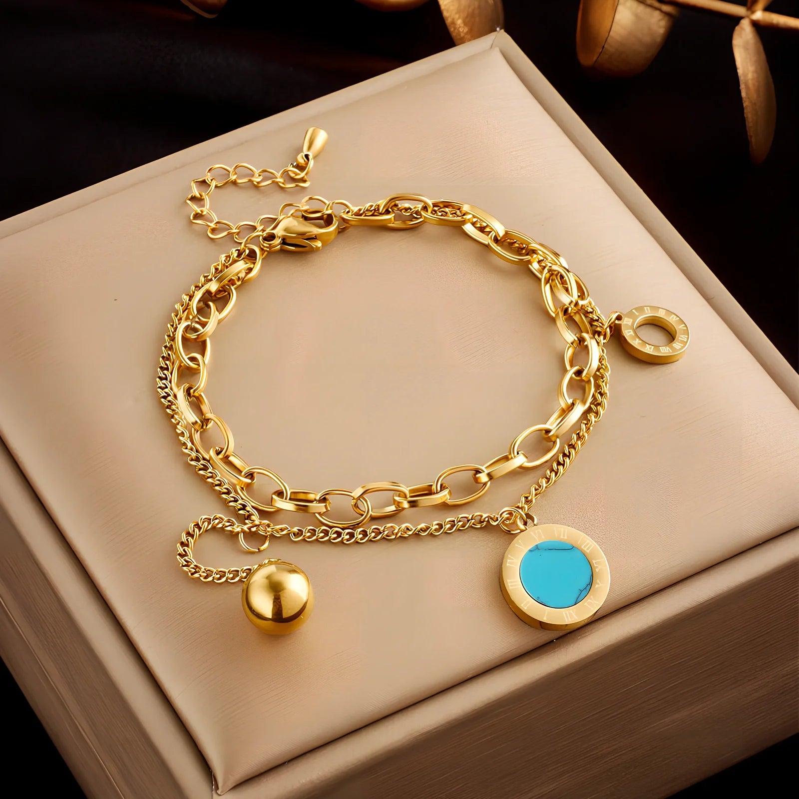 Gold plated titanium steel double-layer snake chain bracelet with five-pointed star charm