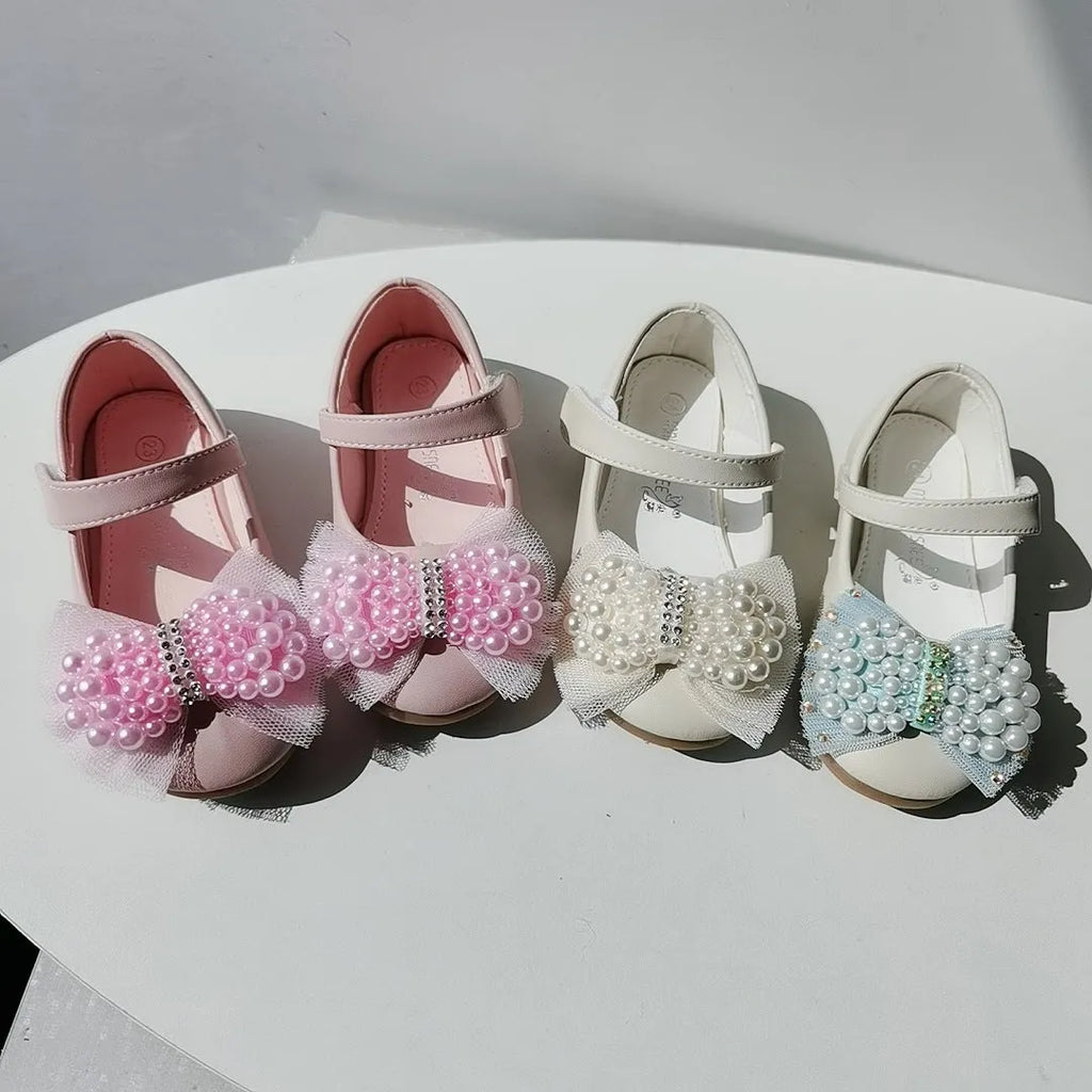 Girls' pearl bow leather wedding shoes, flat heel, Velcro closure, PU upper, beige white pearl colour