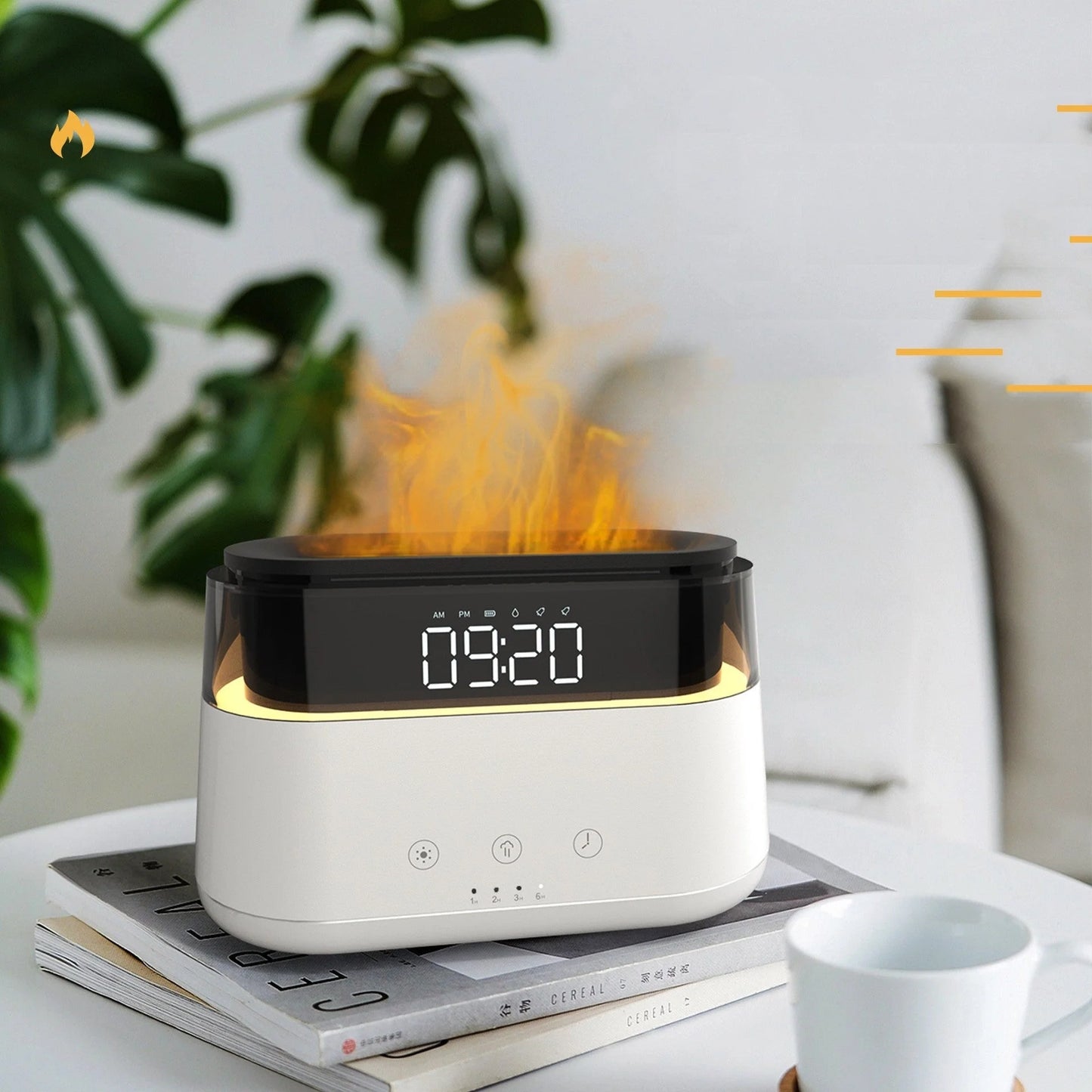 White flame humidifier with clock and aroma diffuser for home use