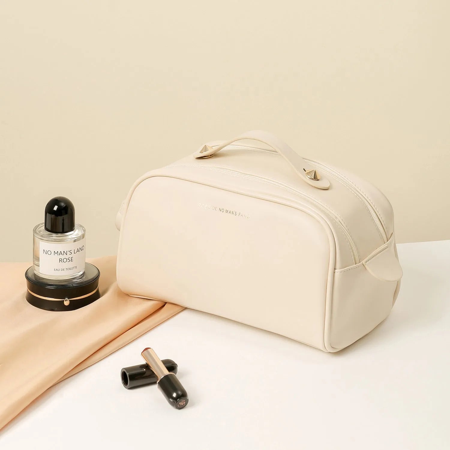 Fashion double zipper pillow cosmetic bag in black, PU material, travel toiletries organiser