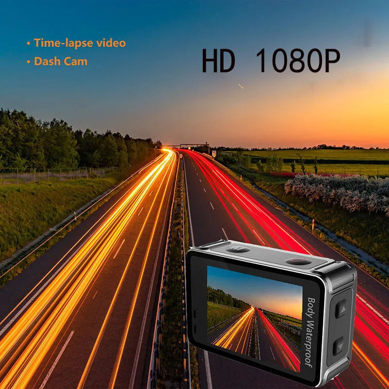 Black outdoor sports action camera tachograph with wide-angle lens, showing compact 66mm by 44mm by 31mm size.