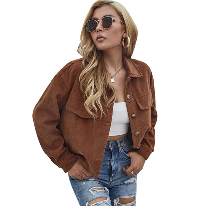 Women's brown corduroy slim coat with long sleeves and street hipster styling