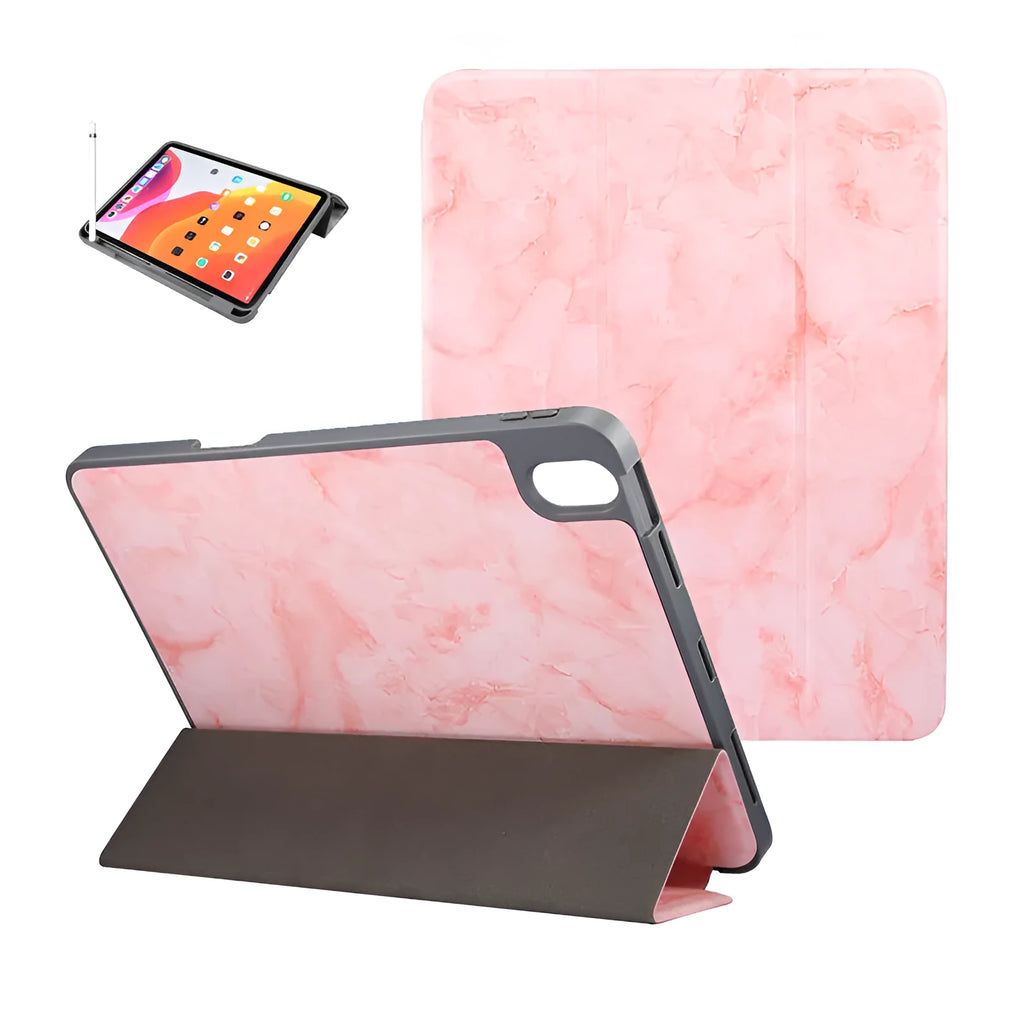 Tri-fold marbling print imitation leather iPad case with a built-in pen slot, shown in dark gray.